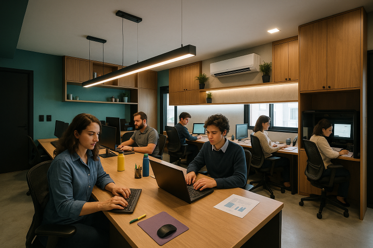 Equipe de profissionais trabalhando em escritório moderno com foco em conciliação financeira e contábil, analisando gráficos e dados em computadores.
