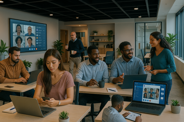 Colaboradores em um escritório moderno e iluminado, usando notebooks e participando de uma reunião, representando um ambiente corporativo dinâmico e profissional.