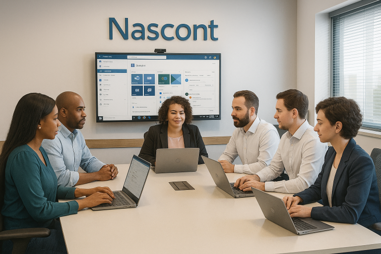Profissionais reunidos em uma sala de reunião utilizando Microsoft 365 com dashboards do SharePoint e Planner para gestão financeira.
