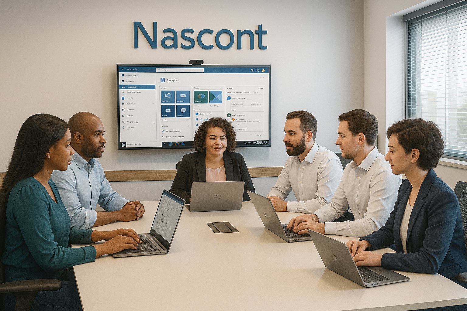 Reunião estratégica com uso do Microsoft 365, integrando SharePoint e Planner para organização financeira.